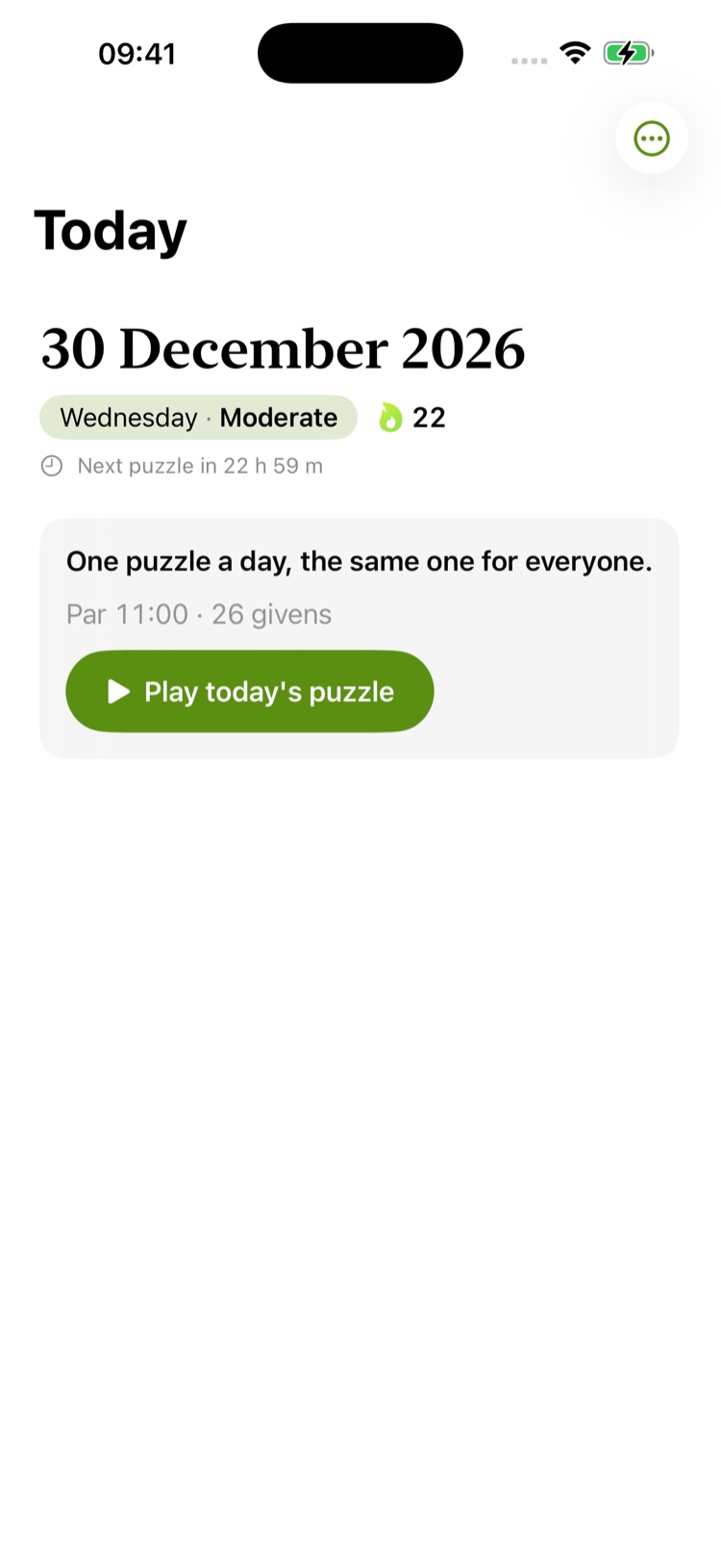 Sudoception on iPhone: the Today screen with the date, a Wednesday · Moderate grade badge, a 22-day streak, the countdown to the next puzzle and a Play today's puzzle button.