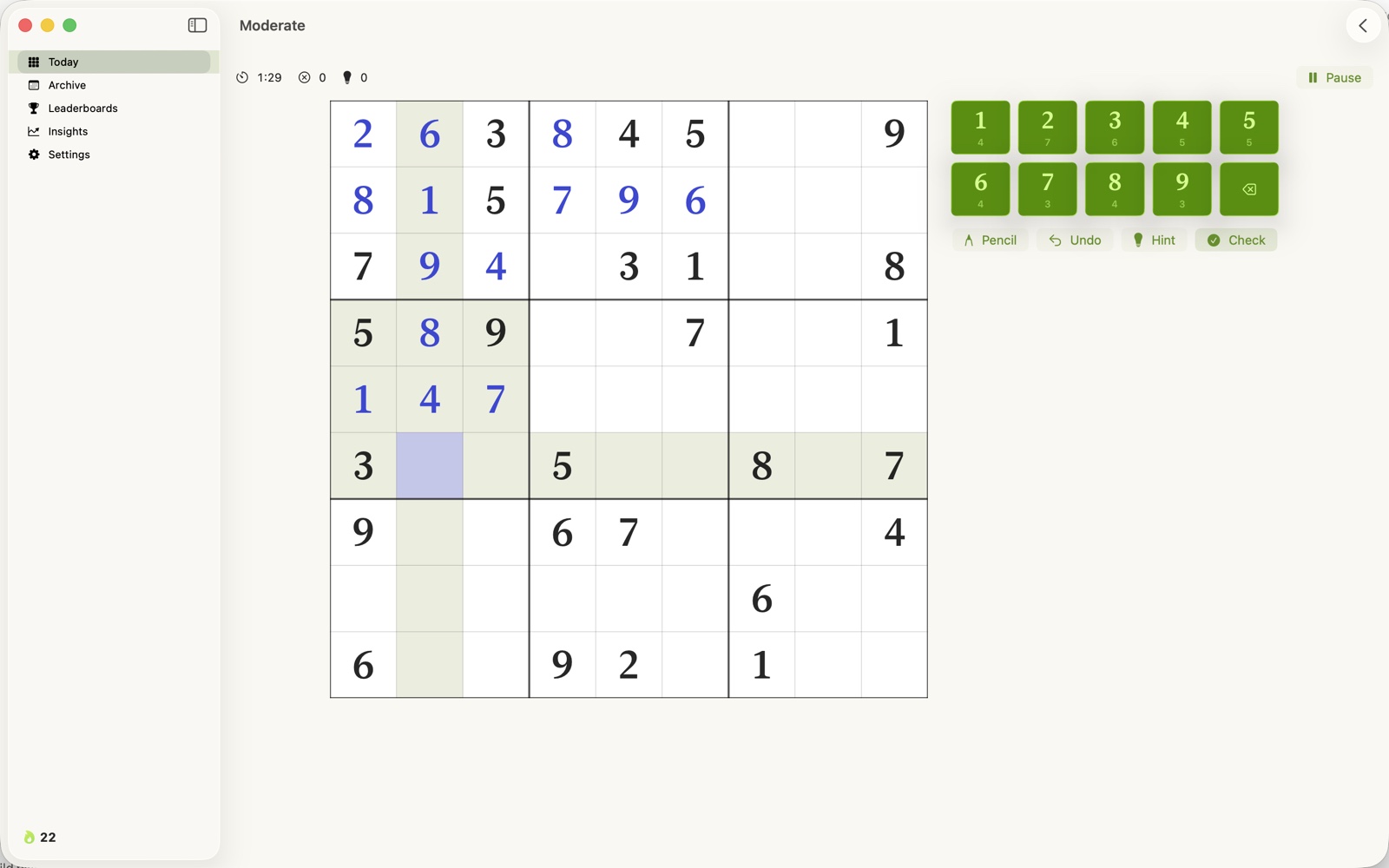 Sudoception on the Mac: a Moderate puzzle in play, with the sidebar, the timer, a highlighted column and the number pad with remaining counts.
